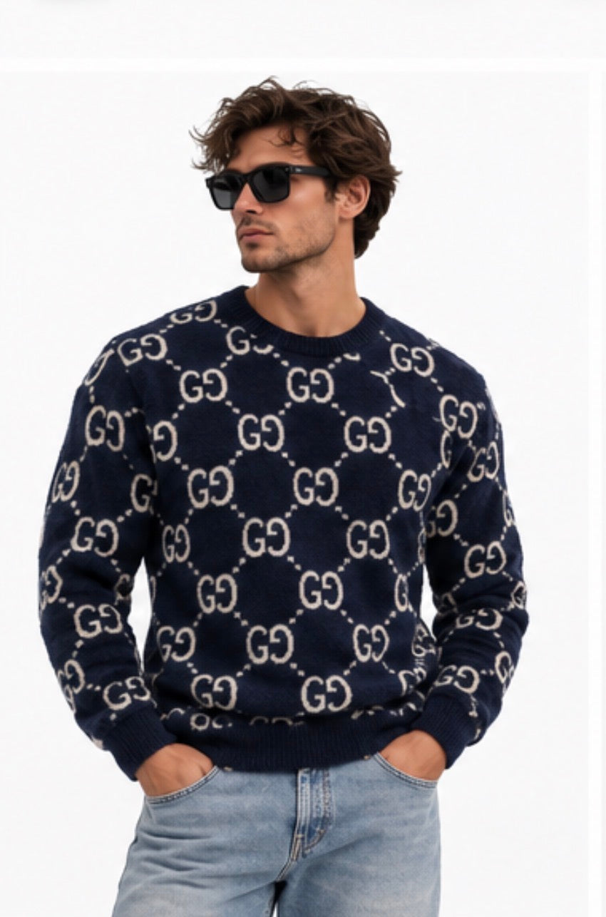 Gucci Navy GG Monogram Fuzzy Crewneck Sweater